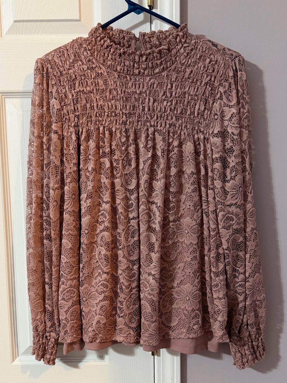 Cable & Gauge Dusty Rose Lace Smocked High-Neck Blouse